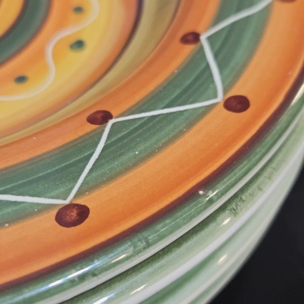 Pier 1 Etrusco Shallow Pasta Bowls Set of 4 Orange Green Handpainted Italy 9.75